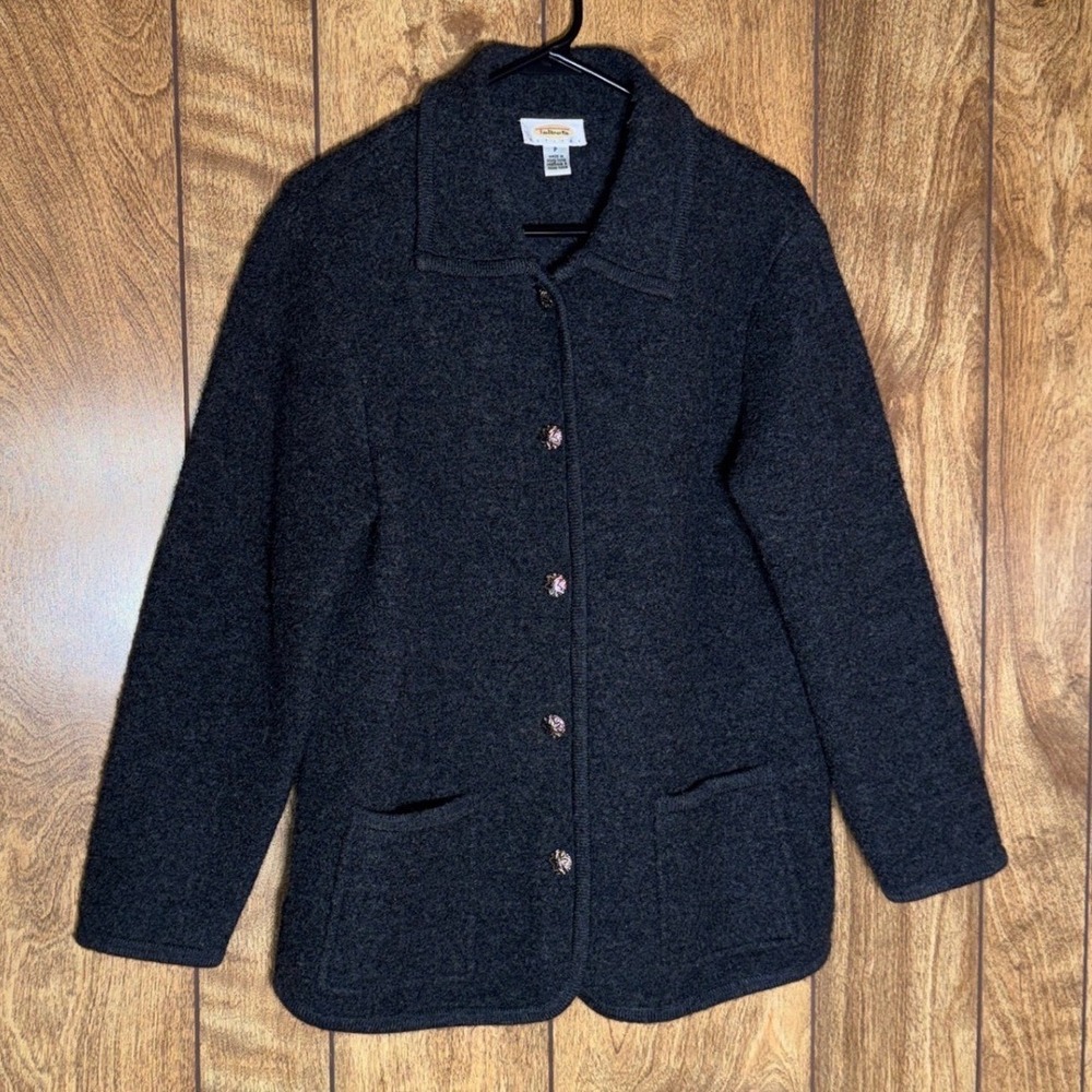 VTG Talbots Gray Boiled Wool Cardigan Coat Layering Sweater Jacket Petites P XS